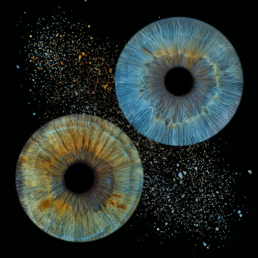 Deux iris aux teintes turquoise clair et gris, noisette et vert tendre, dans la composition Comète.