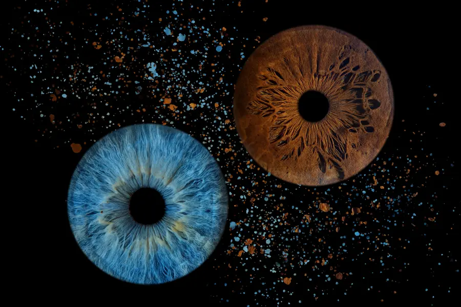 Deux iris aux teintes brun ambré, bleu, dans la composition Équinoxe.
