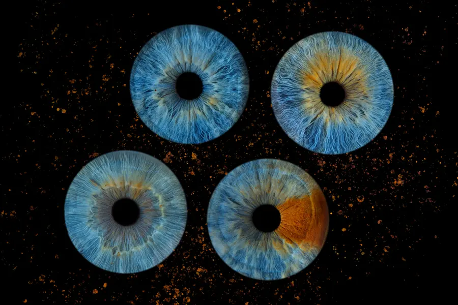 Quatre iris aux teintes bleu, bleu et ambre, bleu et ambre, turquoise clair et gris, dans la composition Fauve.