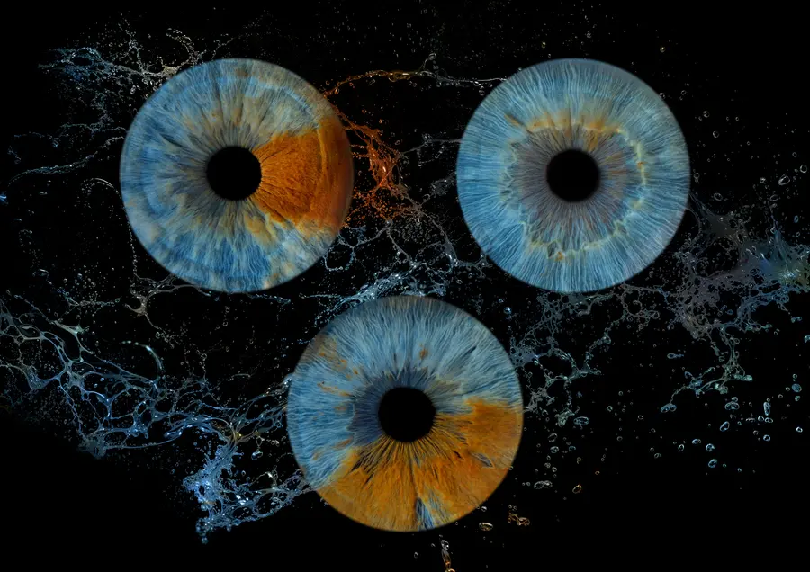 Trois iris aux teintes bleu et ambre, turquoise clair et gris, bleu et ambre, dans la composition Houle.