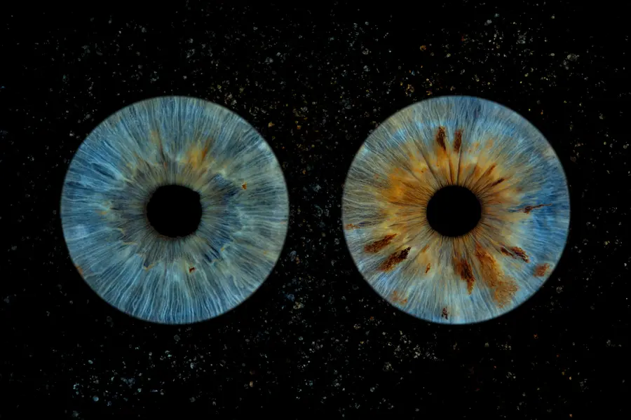 Deux iris aux teintes turquoise et vert d’eau, bleu et ambre, dans la composition Miel.