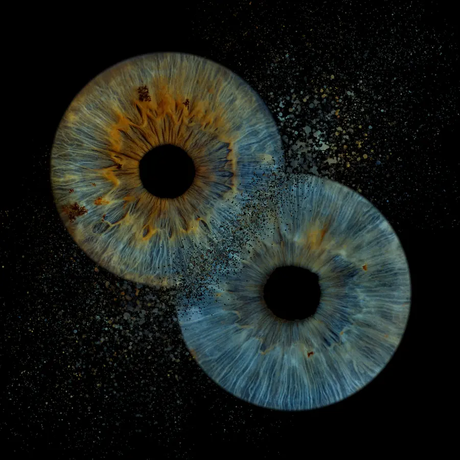 Deux iris aux teintes turquoise et vert d’eau, bleu et ambre à reflets verts, dans la composition Mirage.