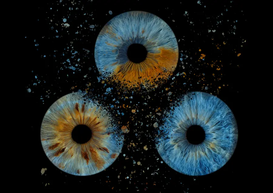 Trois iris aux teintes bleu et ambre, bleu et ambre, bleu, dans la composition Rafale.