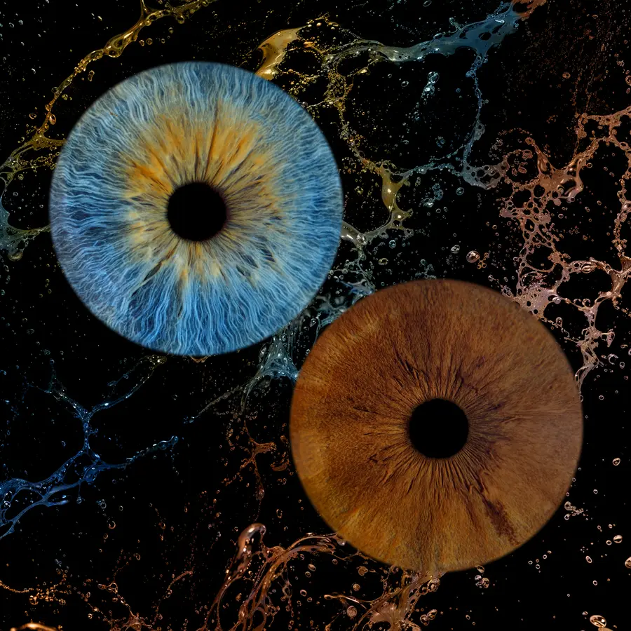 Deux iris aux teintes bleu et ambre, brun chocolat, dans la composition Ressac.