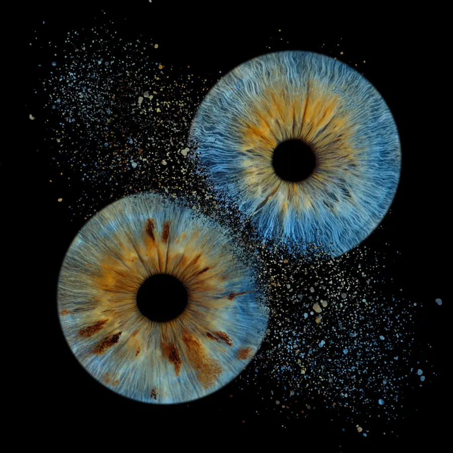 Deux iris aux teintes bleu et ambre, bleu et ambre, dans la composition Souffle.