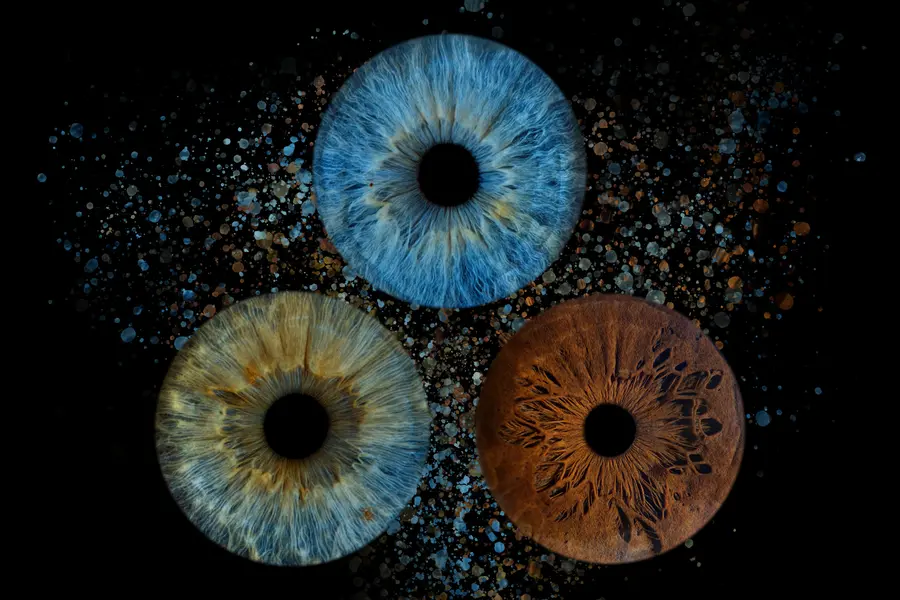 Trois iris aux teintes bleu, bleu et ambre à reflets verts, brun ambré, dans la composition Supernova.